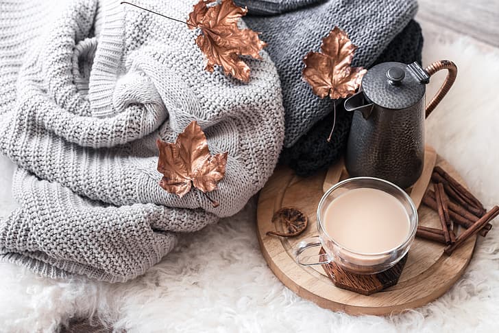 Herbst, Blätter, Wolle, Pullover, Kaffeetasse, eine Tasse Kaffee, HD-Hintergrundbild