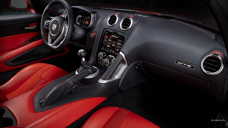 czarne wnętrze pojazdu, czarno-czerwone wnętrze samochodu, Dodge Viper, drążek zmiany biegów, Dodge, samochód, wnętrze samochodu, pojazd, Tapety HD