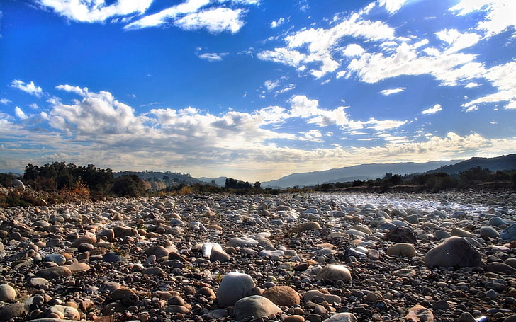 gray and brown pebbles, stones, sky, clouds, trees, HD wallpaper