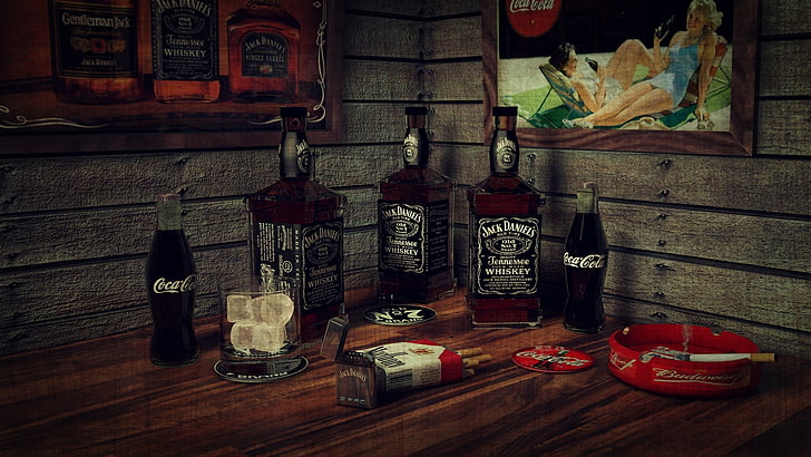 round red ashtray, ice, whiskey, smoking, bar, cigarette, bottles, Coca-cola, Jack Daniels, Marlboro, lighter, framework, HD wallpaper