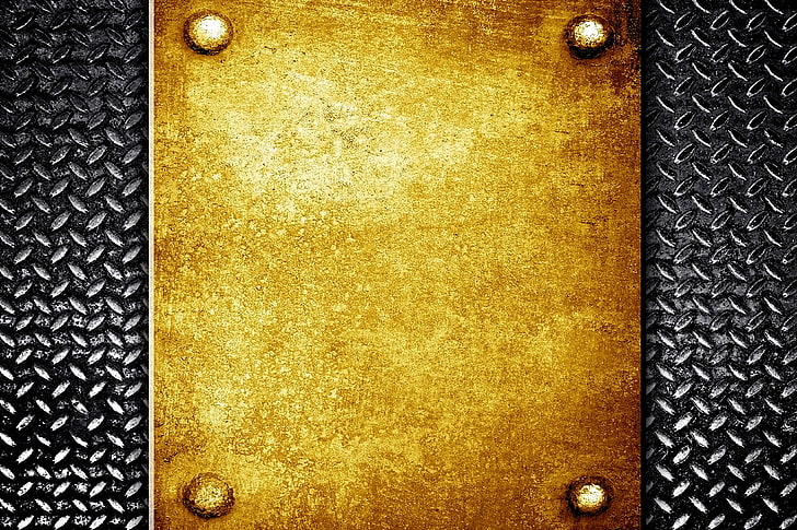 квадратная золотая и коричневая доска, металл, текстура, фон, гранж, заклепки, сталь, металлик, HD обои