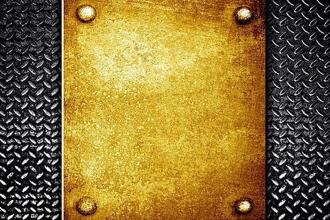 square gold and brown board, metal, texture, background, grunge, rivets, steel, metallic, HD wallpaper HD wallpaper