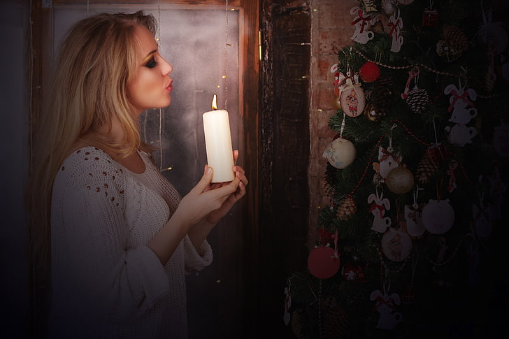 candles, Christmas, Vitaly Plyaskin, women, sweater, HD wallpaper