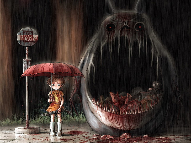menina sob o guarda-chuva vermelho ao lado do monstro anime personagem papel de parede gráfico, filme, meu vizinho Totoro, escuro, chuva, assustador, espingarda, Totoro (meu vizinho Totoro), HD papel de parede