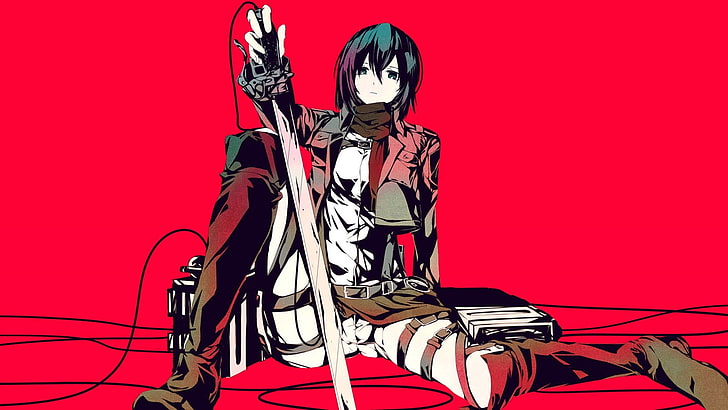 żeńska postać z anime trzymająca miecz cyfrowa tapeta, Shingeki no Kyojin, Mikasa Ackerman, anime, dziewczyny anime, grafika, proste tło, Tapety HD