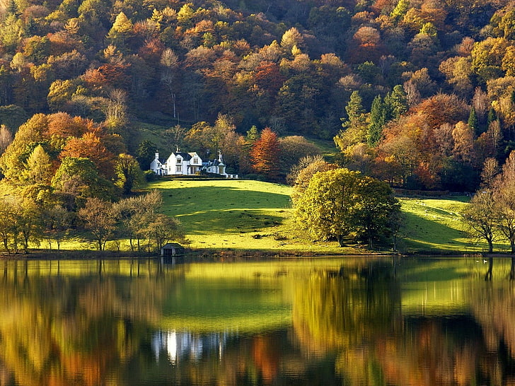 estructura de hormigón blanco, naturaleza, paisaje, agua, otoño, casa, reflexión, Fondo de pantalla HD