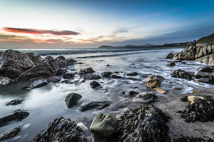 photo of body of water with concrete stone during daytime, white rock, dalkey, ireland, white rock, dalkey, ireland, Sunrise, White Rock, Dalkey, Ireland, photo, body of water, concrete, stone, daytime, beach, clouds, dawn, europe, konica minolta, landscape, light, long exposure, motion, night, orange, photography, sea, seascape, sky, sony a7, sunshine, travel, whiterock, wideangle, Dublin, nature, sunset, rock - Object, coastline, water, scenics, outdoors, dusk, wave, HD wallpaper