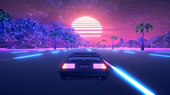 Road, The game, Neon, Machine, Palm trees, DeLorean DMC-12, DeLorean, DMC-12, Electronic, Denver, Synthpop, Darkwave, Synth, Ret Microwave, Synth-pop, Sinti, Synthwave, Synth pop, Out Drive, วอลล์เปเปอร์ HD HD wallpaper