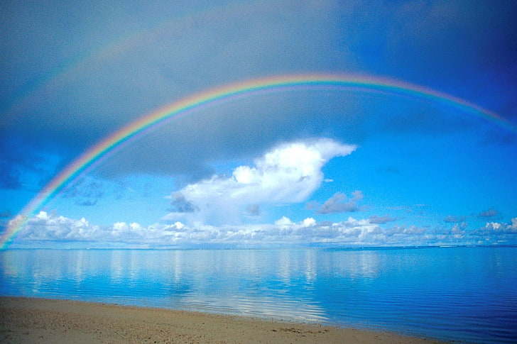 nuvole bianche con arcobaleno, arcobaleno, mare, cielo, dopo la pioggia, Sfondo HD