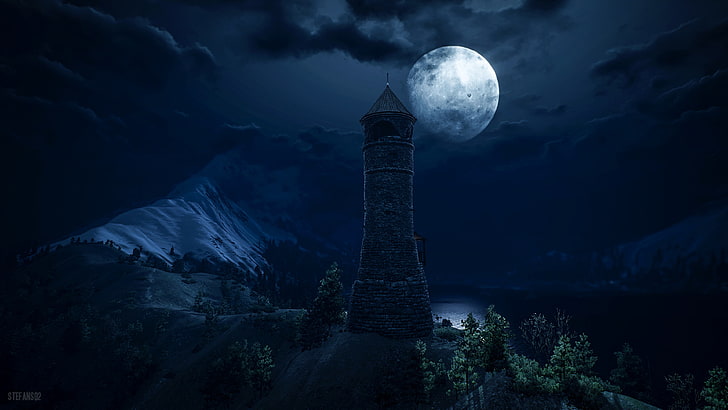 lighthouse, tower, full moon, dark, fantastic, art, HD wallpaper