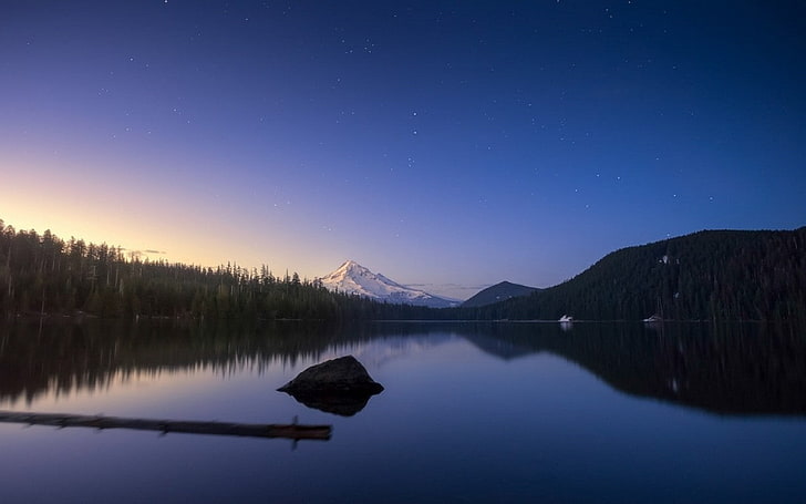 nature, landscape, evening, lake, stars, snowy peak, forest, calm, reflection, sunset, Oregon, HD wallpaper
