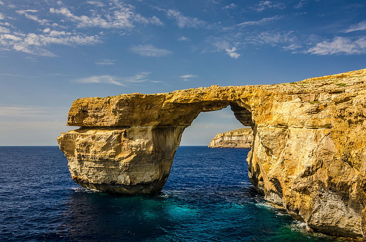 sea, the sky, rock, island, arch, Malta, Gozo, HD wallpaper