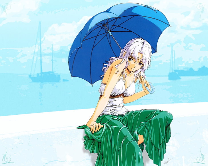 beyaz saçlı kadın anime karakter duvar kağıdı, horibe hiderou, kız, sarışın, şemsiye, HD masaüstü duvar kağıdı