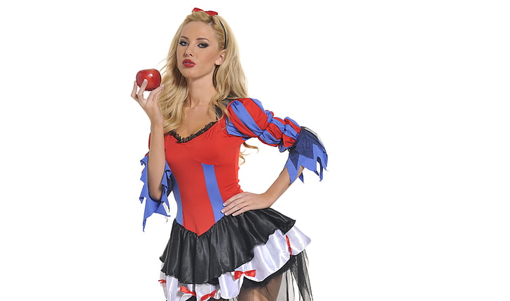 women's red, blue, and black costume dress, Girl, White, Apple, Blonde, Lips, Face, Costume, Background, Snow white, Tiffany Toth, HD wallpaper