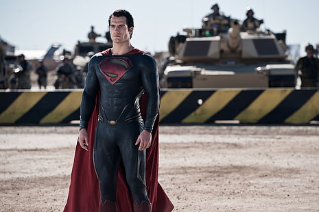 Człowiek ze stali Superman, fikcja, armia, kostium, Superman, czołgi, komiks, Clark Kent, Człowiek ze stali, Henry Cavill, Kal-El, bariera, Tapety HD HD wallpaper