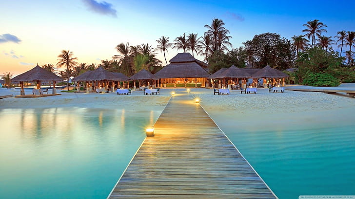 hotel, resort, tropicale, molo, palme, spiaggia, ristorante, Sfondo HD