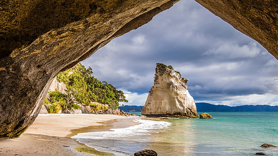 marinreservat, Nya Zeeland, katedralvik, whanganui a hei, vik, kust, hav, moln, strand, strand, HD tapet HD wallpaper