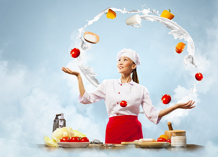 women's white and red chef uniform, girl, smile, eggs, milk, kitchen, cook, brown hair, vegetables, tomatoes, cabbage, peppers, HD wallpaper
