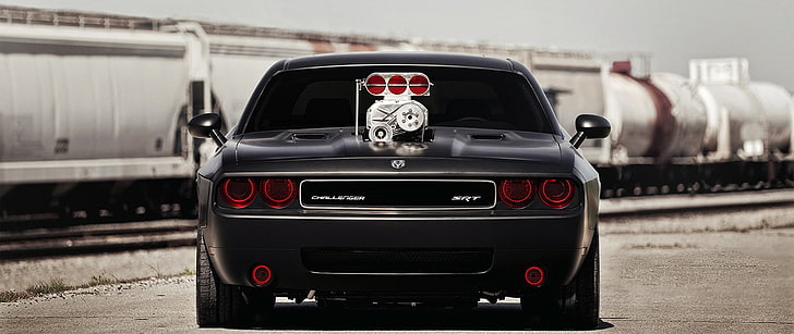 black car, ultra-wide, car, Dodge, Dodge Challenger Hellcat, HD wallpaper