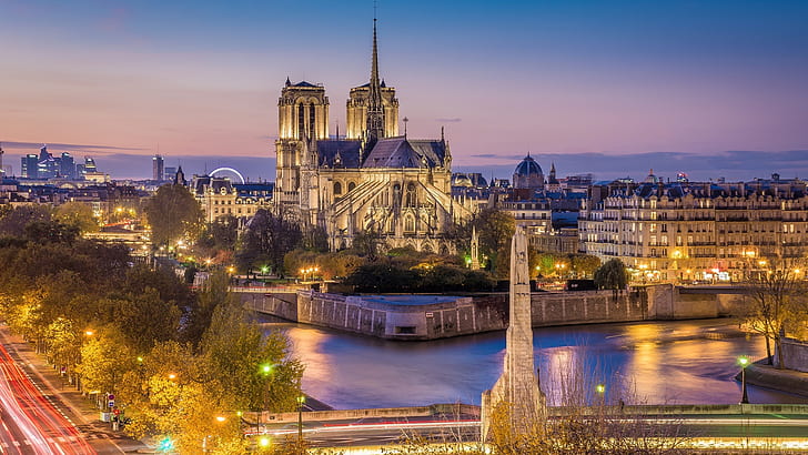trees, night, lights, river, France, Paris, home, excerpt, Hay, Notre Dame de Paris, Notre-Dame de Paris, Notre Dame Cathedral, HD wallpaper