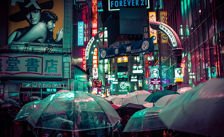 군중, 일본, 도쿄, 밤, HD 배경 화면