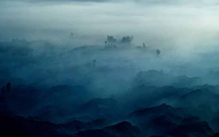 pintura de castillo brumoso, niebla, naturaleza, paisaje, mañana, montañas, árboles, azul, Fondo de pantalla HD