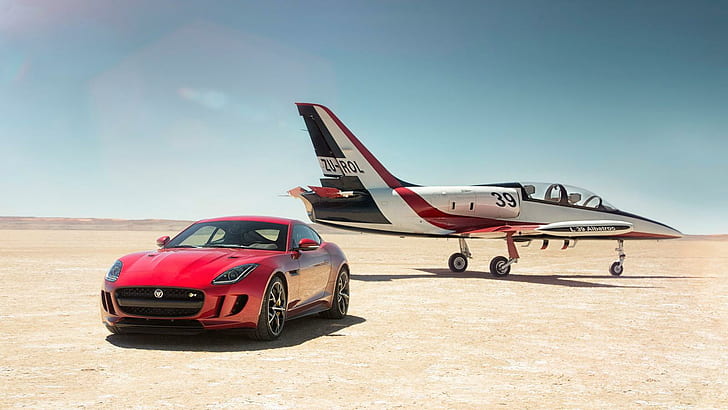 Jaguar F Type R AWD Coupe With Plane 2016, автомобили, ягуар, самолет, 2015, HD обои