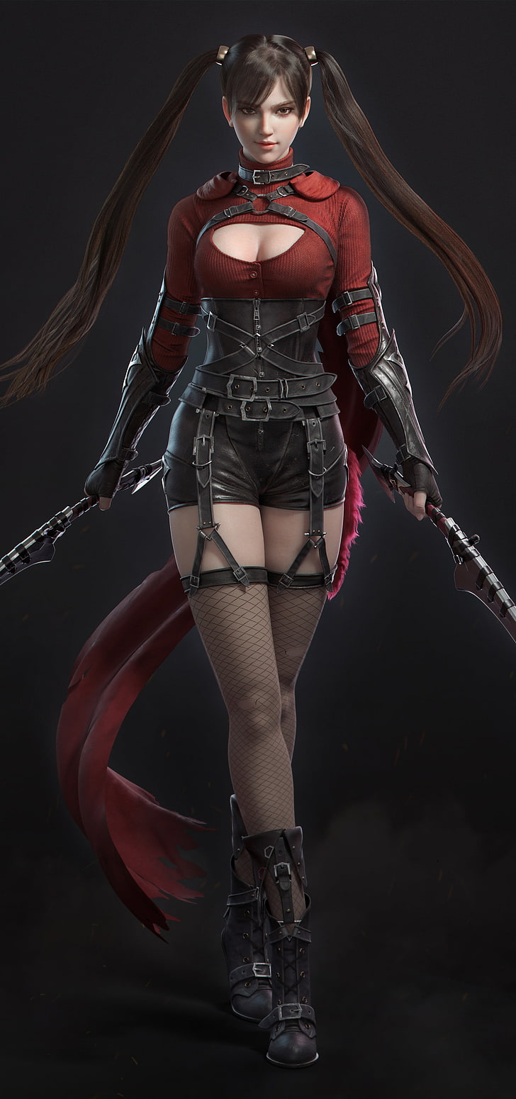 Perempuan lengan panjang merah dan hitam dan celana pendek hitam, Chao Dong, si rambut coklat, kuncir, pedang, belahan dada, perempuan, Wallpaper HD, wallpaper seluler