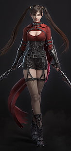여성용 빨간색과 검은 색 긴팔 셔츠와 검은 색 짧은 반바지, 차 오동, 갈색 머리, 땋은 머리, 칼, 분열, 여성, HD 배경 화면 HD wallpaper