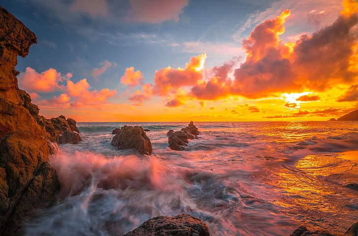 sunset, the ocean, rocks, CA, Pacific Ocean, California, The Pacific ocean, Malibu, Malibu Beach, HD wallpaper