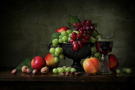  style, apples, grapes, vase, fruit, nuts, still life, a glass of wine, HD wallpaper HD wallpaper