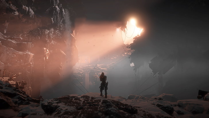 洞窟の穴の近くに立っている人、Horizo​​n：Zero Dawn、ビデオゲーム、PlayStation 4、サイエンスフィクション、Aloy（Horizo​​n：Zero Dawn）、 HDデスクトップの壁紙