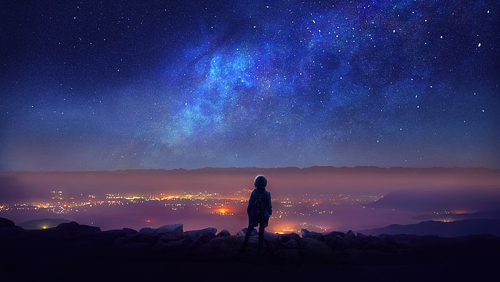 blue sky and stars, The sky, Girl, Lights, Night, The city, Stars, People, Space, Synth, Sinti, HD wallpaper