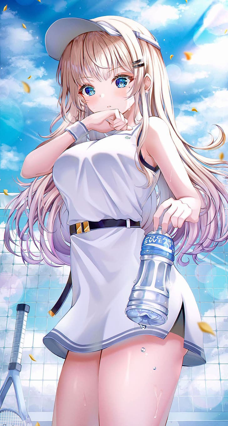 anime, anime girls, vertical, water bottle, tennis rackets, blue eyes, clouds, long hair, HD wallpaper