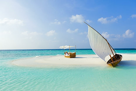 maldives, plage, mer, sable, île, bateau, été, maldives, plage, sable, île, bateau, été, Fond d'écran HD HD wallpaper
