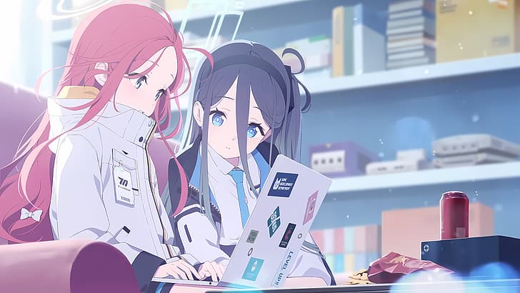 tendou alice(blue archive), anime girls, laptop, computer, indoors, bedroom, HD wallpaper
