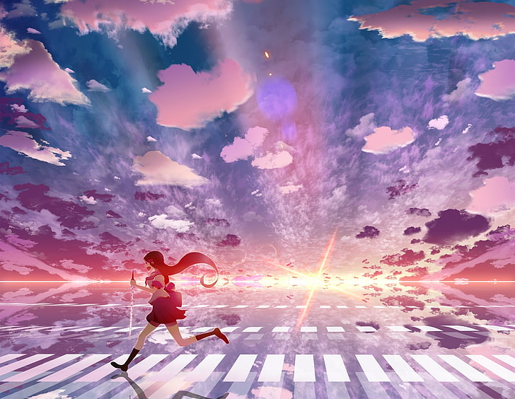 black-haired female character wallpaper, girl, anime, sky, running, schoolgirl, HD wallpaper