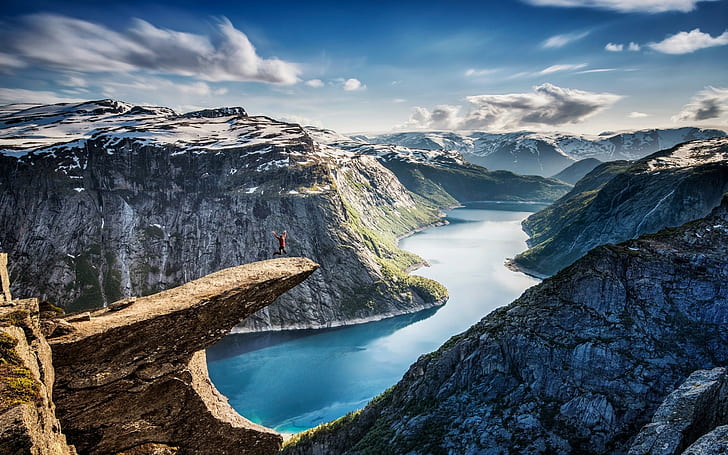mountains, fjord, snow, landscape, cliff, Norway, morning, water, clouds, turquoise, nature, canyon, jumping, HD wallpaper