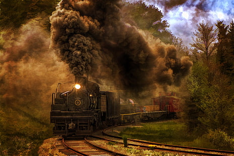 kereta cokelat, kereta api, pohon, lokomotif uap, Wallpaper HD HD wallpaper