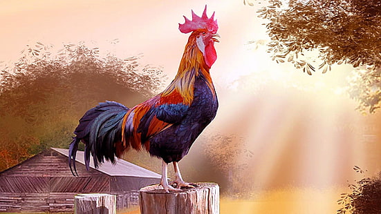 pollo, gallo, gallo, pájaro, ave, pico, arte de la pintura, arte, ilustración, pueblo, campo, mañana, Fondo de pantalla HD HD wallpaper