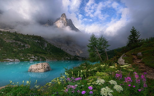garden near blue body of water with mountain in distant, Dolomites (mountains), Italy, spring, mist, lake, wildflowers, clouds, turquoise, water, trees, grass, sunset, sky, HD wallpaper HD wallpaper