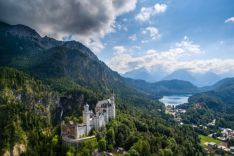 white castle, mountains, castle, Germany, valley, Bayern, panorama, Bavaria, Neuschwanstein Castle, HD wallpaper HD wallpaper