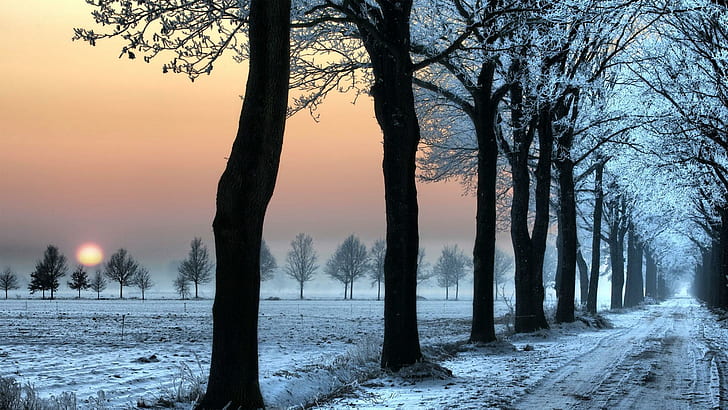Ein warmer Winter, eine Landschaft, eine Straße, ein Schnee, ein Winter, ein Sonnenuntergang, ein 3d und eine Zusammenfassung, HD-Hintergrundbild