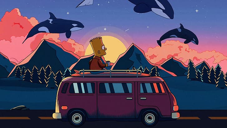 LoFi, Bart Simpson, pegunungan, matahari terbenam, awan, The Simpsons, Wallpaper HD, Wallpaper HD