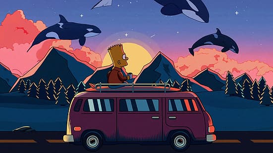 LoFi, Bart Simpson, ภูเขา, พระอาทิตย์ตก, เมฆ, The Simpsons, วอลล์เปเปอร์ HD HD wallpaper