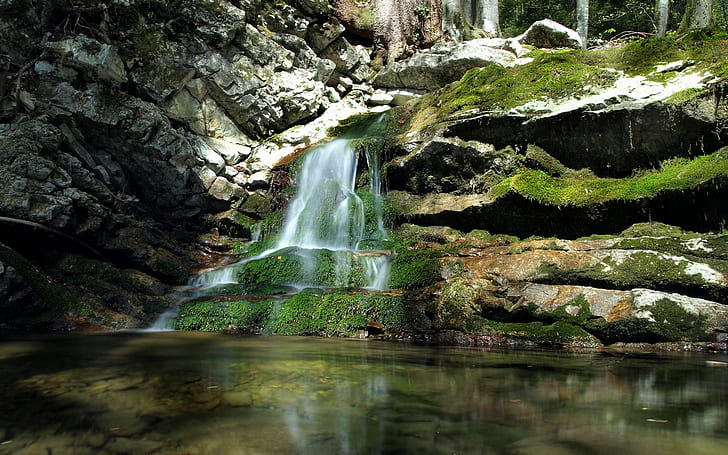 Водопад Moss Rock Stone HD, природа, скала, камък, водопад, мъх, HD тапет