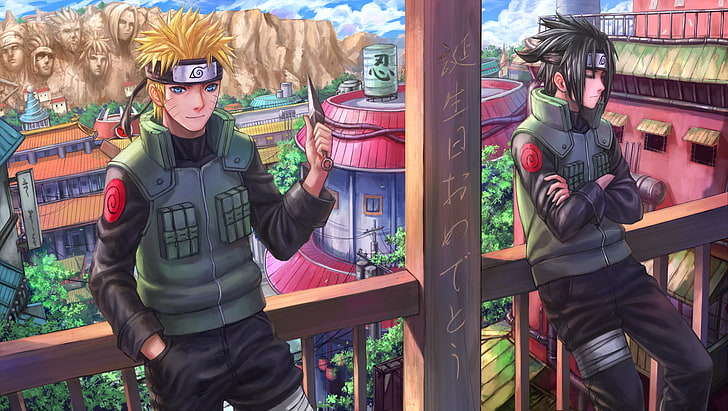 Naruto e Sasuke papel de parede, cidade, rock, arte, rosto, faca, personagens, grades, varanda, caras, uchiha sasuke, Uzumaki naruto, naruto shippuden, zhouran, HD papel de parede