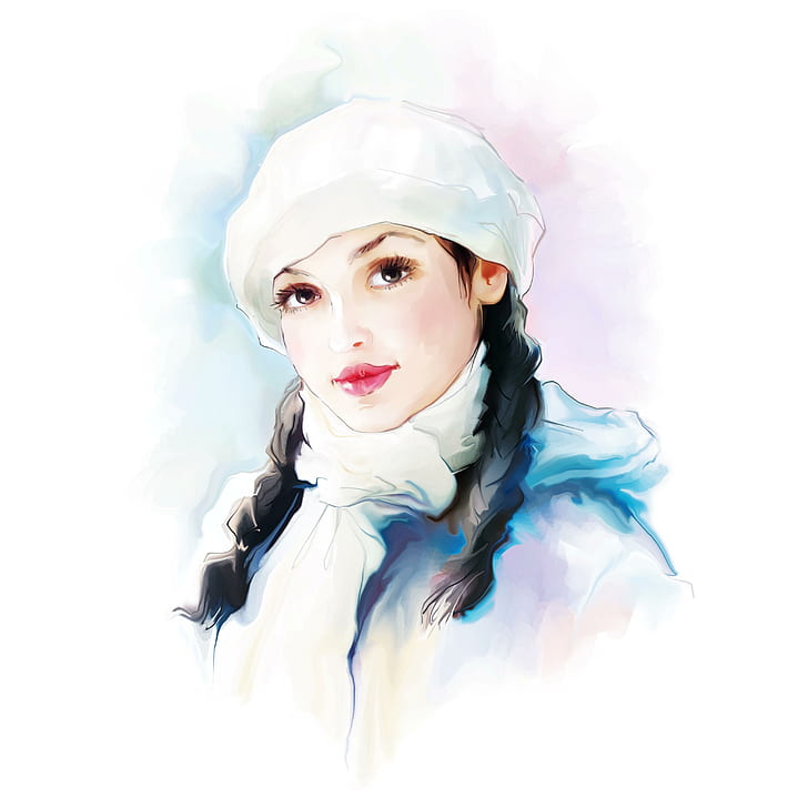 Soft Winter Girl, woman with white scarf and hat watercolor painting, beauty, painting, girl, winter, lady, HD wallpaper