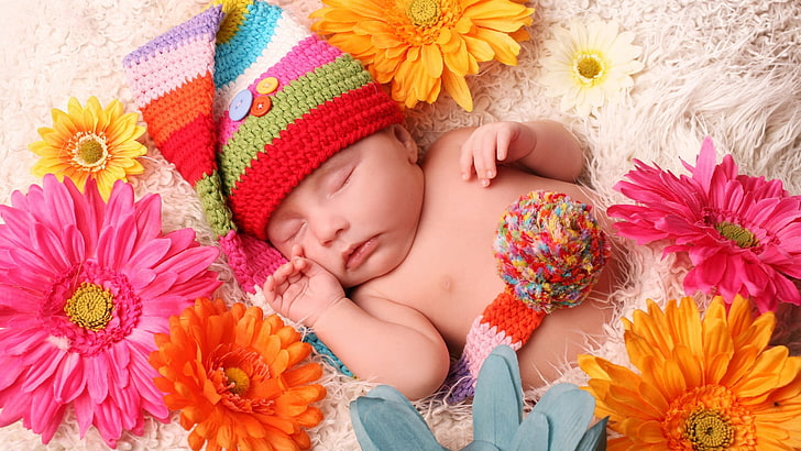 baby's multicolored knit cap, baby, flowers, woolly hat, HD wallpaper
