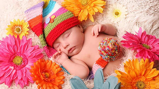 topi rajut warna-warni bayi, bayi, bunga, topi wol, Wallpaper HD HD wallpaper